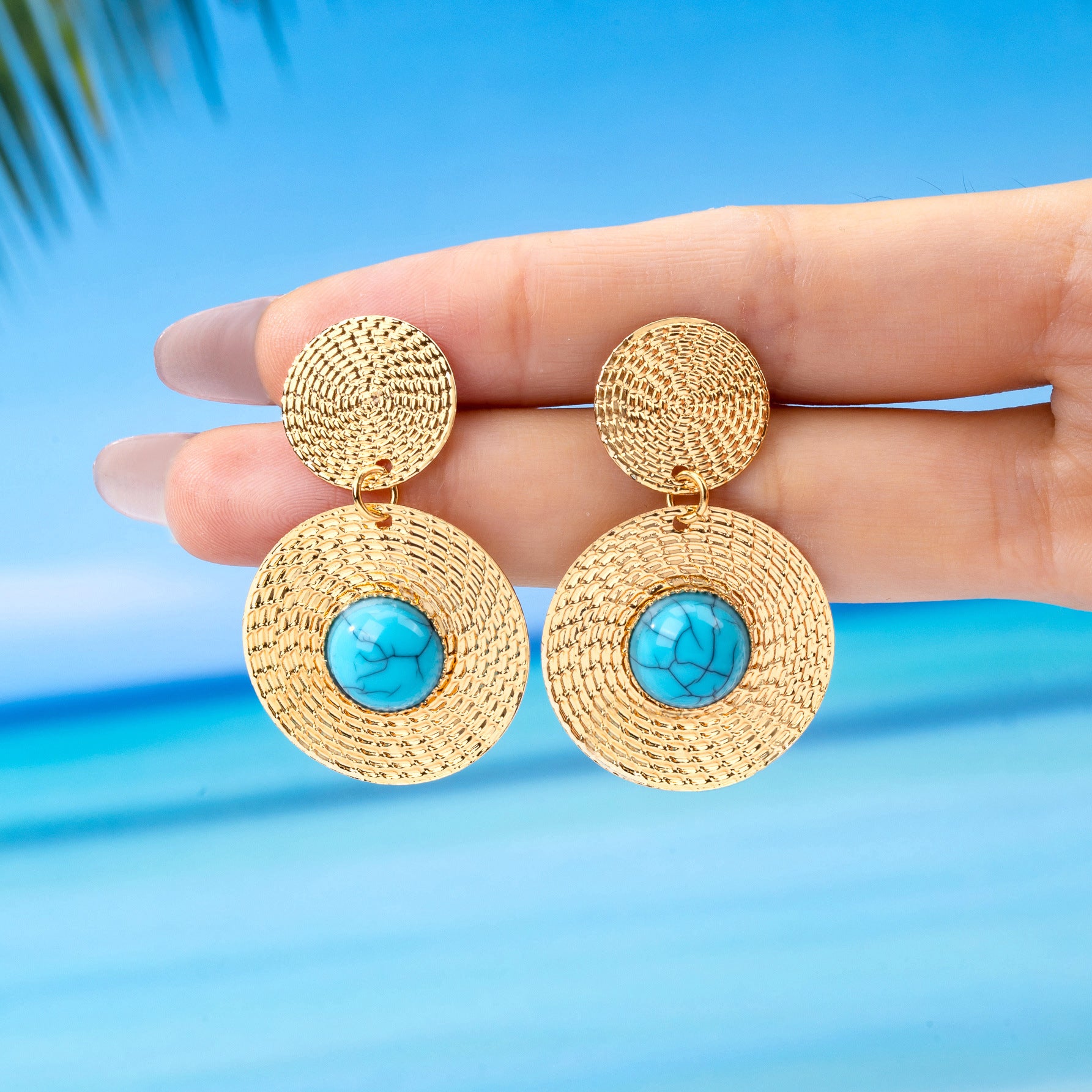 Wholesale French Retro Imitation Turquoise Geometric Disc Earrings Fashion Accessory