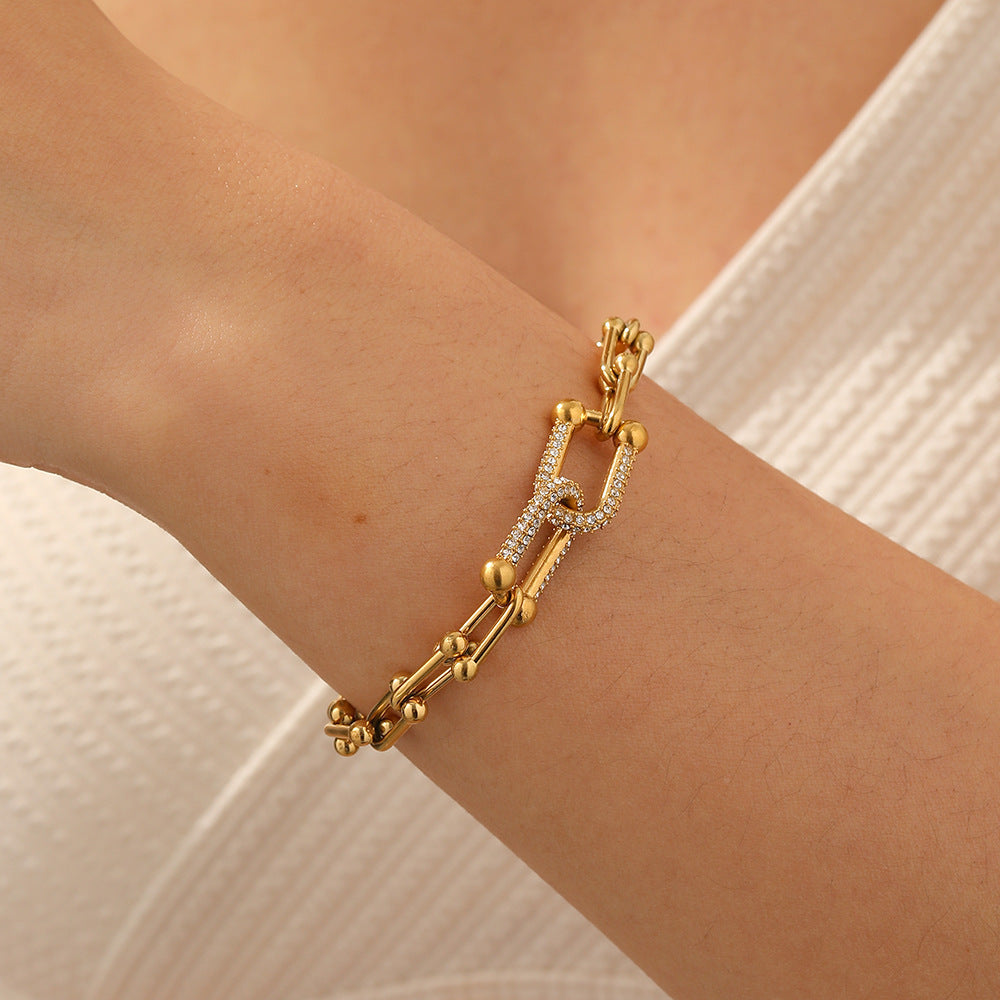 Wholesale Cross-Border Horseshoe Titanium Steel Bracelet with a High-End Feel and Diamond Inlays Ins Stainless Steel Bracelet Set