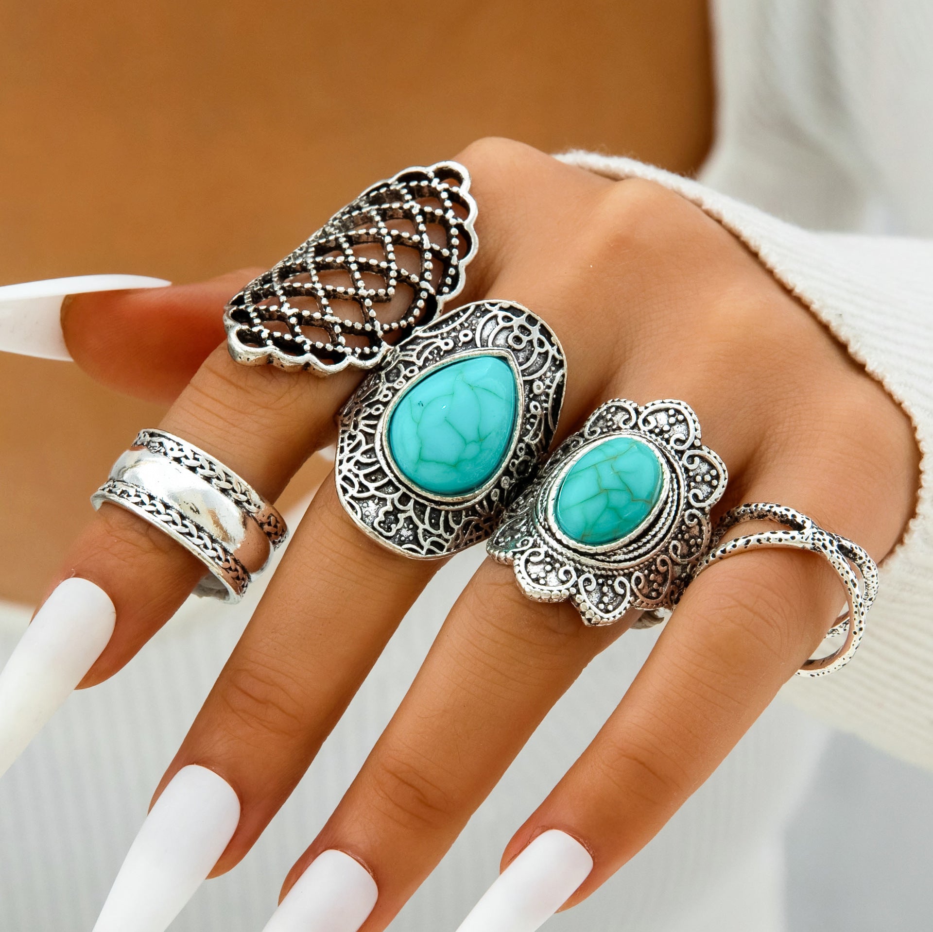 Wholesale Retro Turquoise Cross Hollow Ring Set - 5 Pcs Fashion Accessory for Unisex Gift Boutique Resale