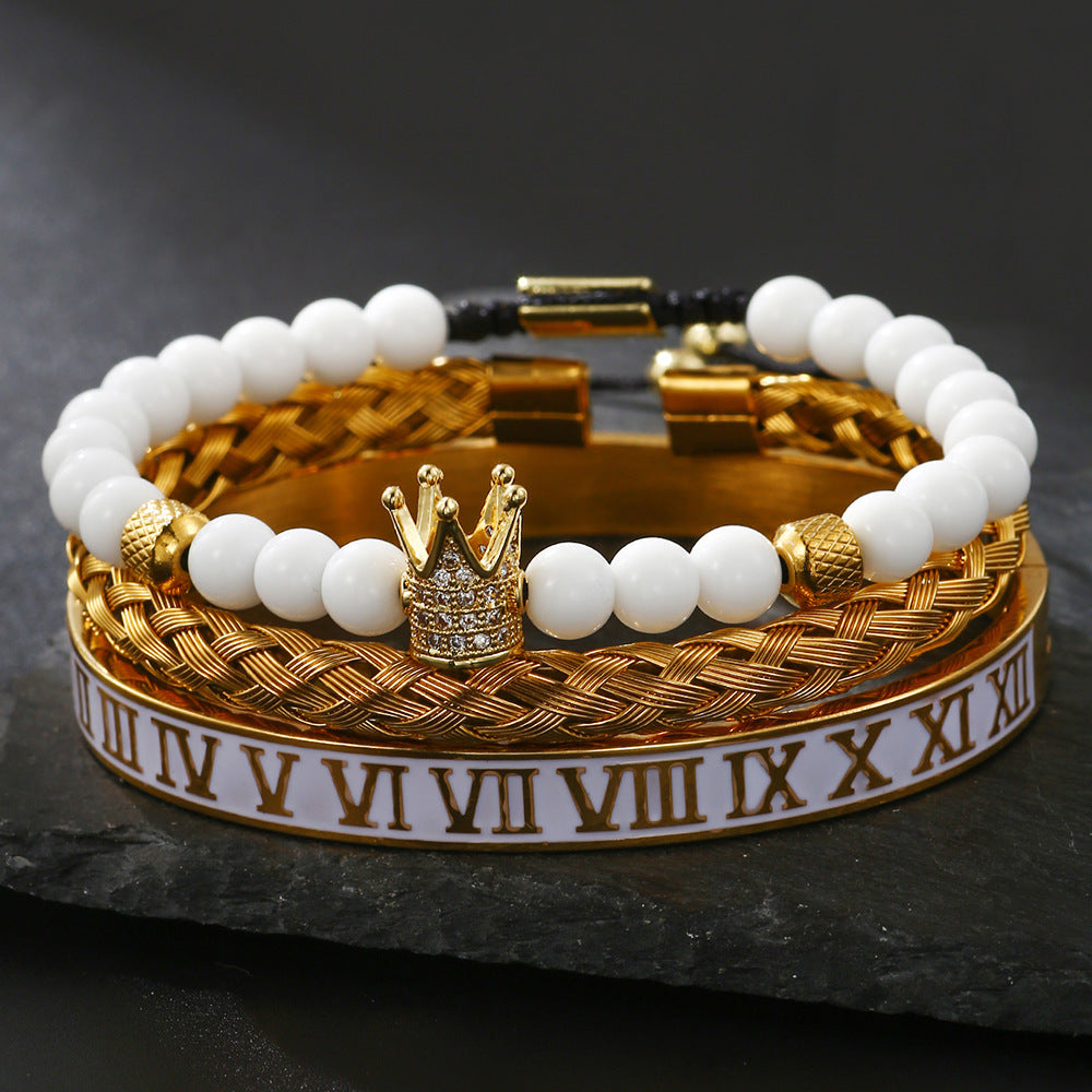 Wholesale Zircon Skull Crown Stainless Steel White Oil Drop Roman Numeral Bracelet Set