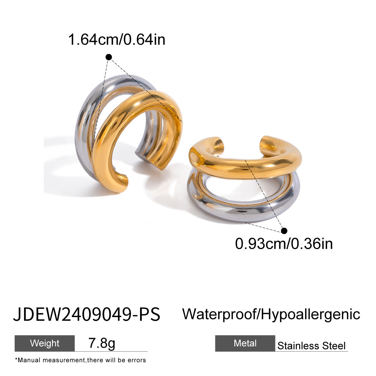 Wholesale 18K gold stainless steel gold and silver color matching double C- shaped ear clip earrings