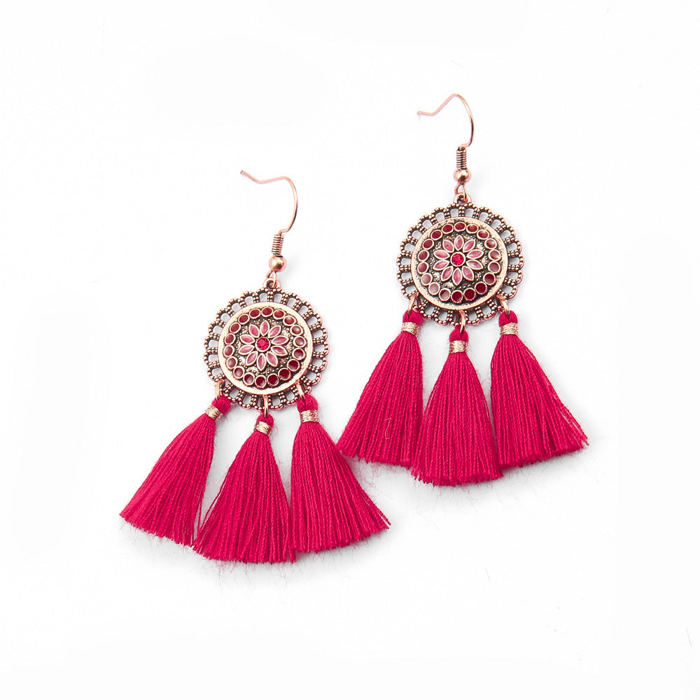 Wholesale Chinese Style Red Tassel Earrings Retro Medieval Festive Jewelry Accessory