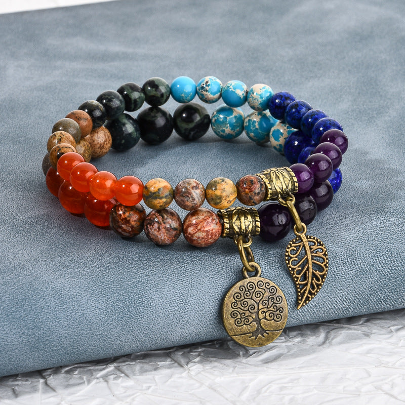 Wholesale Tree of Life Leaves Colorful Tiger Eye Amethyst Agate Bracelet Set