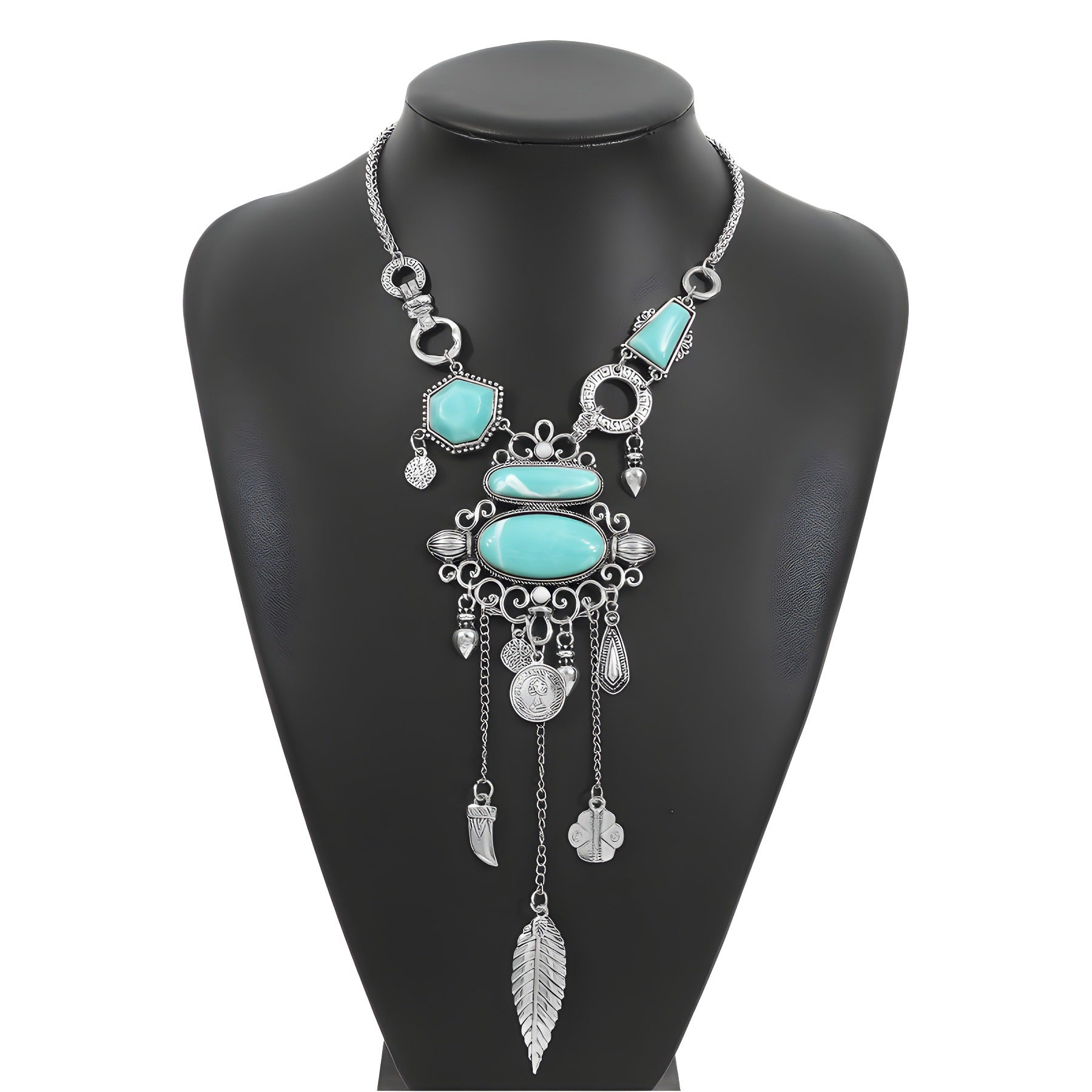 Wholesale  exaggerated pattern inlaid turquoise alloy necklace
