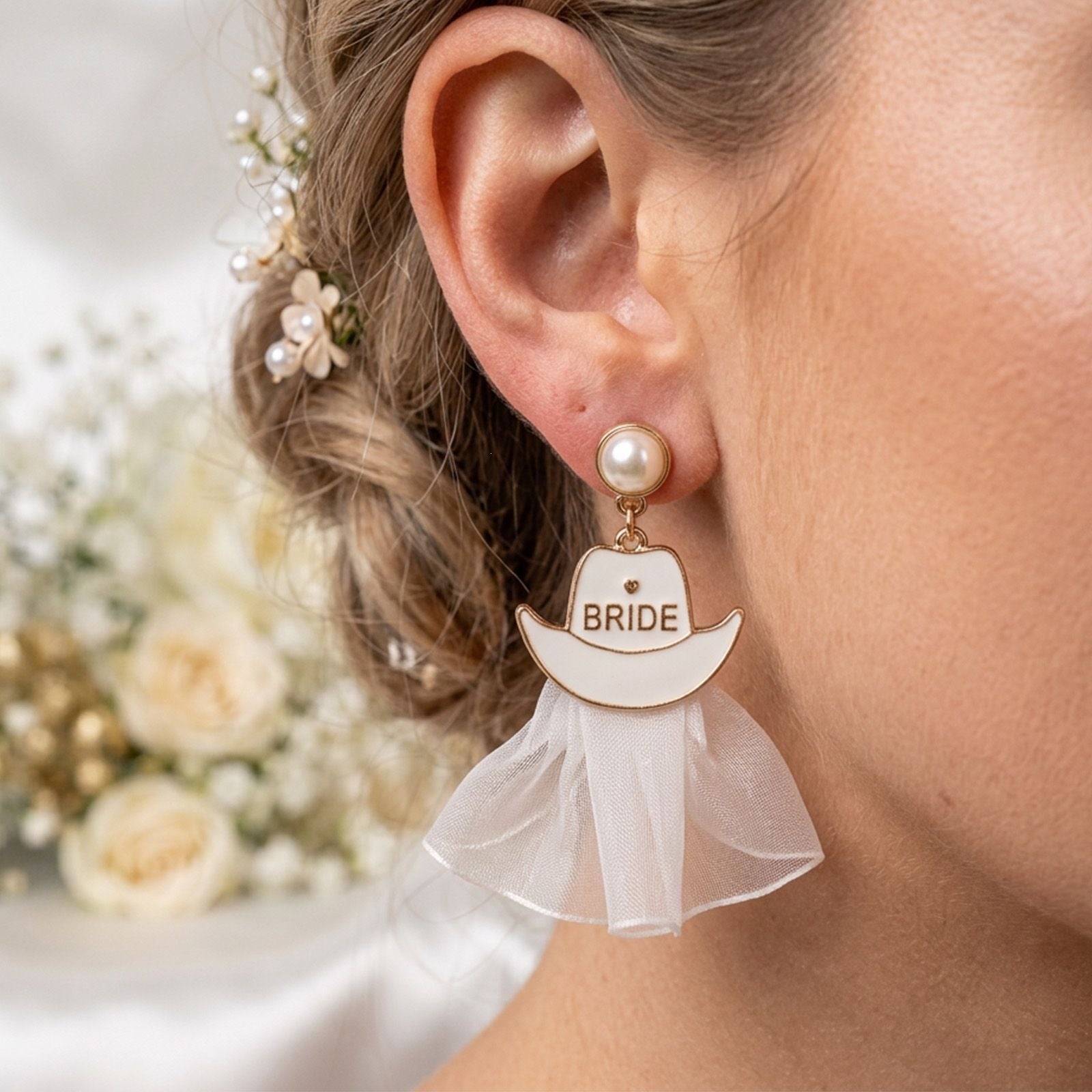 Wholesale Western Style Pearl Heart hinestone Bridal Cowboy Hat Earrings