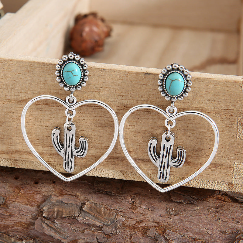 Wholesale Hollow Heart Shaped Cactus Turquoise Alloy Earrings ACC-ES-SaiPu002