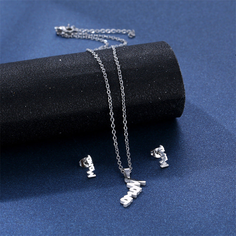 Wholesale MAMA Stainless Steel Earrings Necklace Set Mother's Day ACC-ES-MinM026