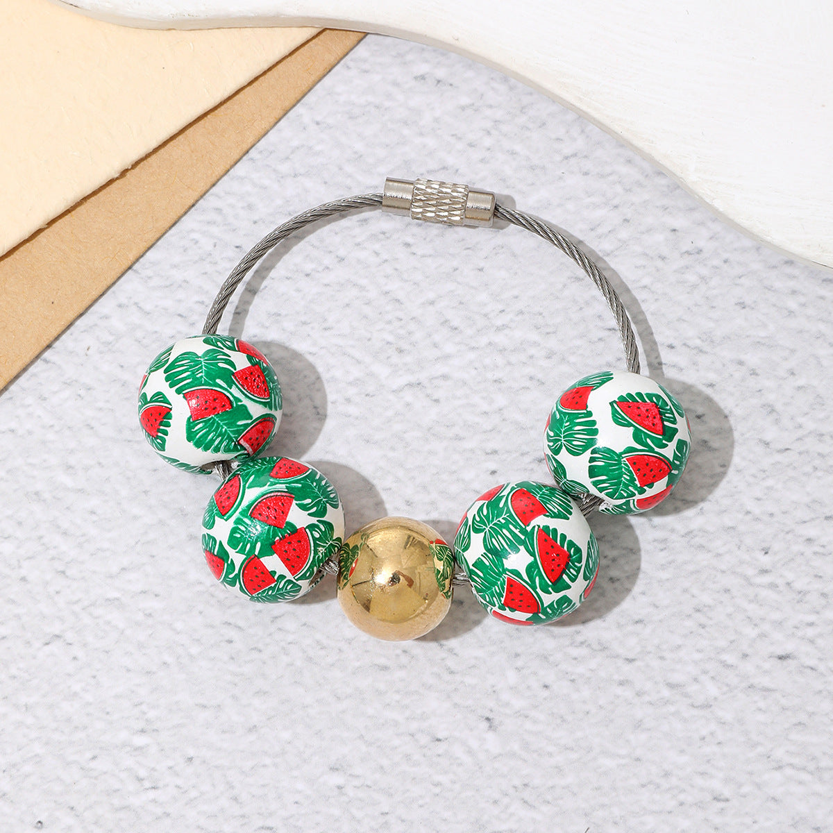 Wholesale Watermelon Flamingo Printed Wooden Beads Beaded Keychain ACC-KC-YTian025