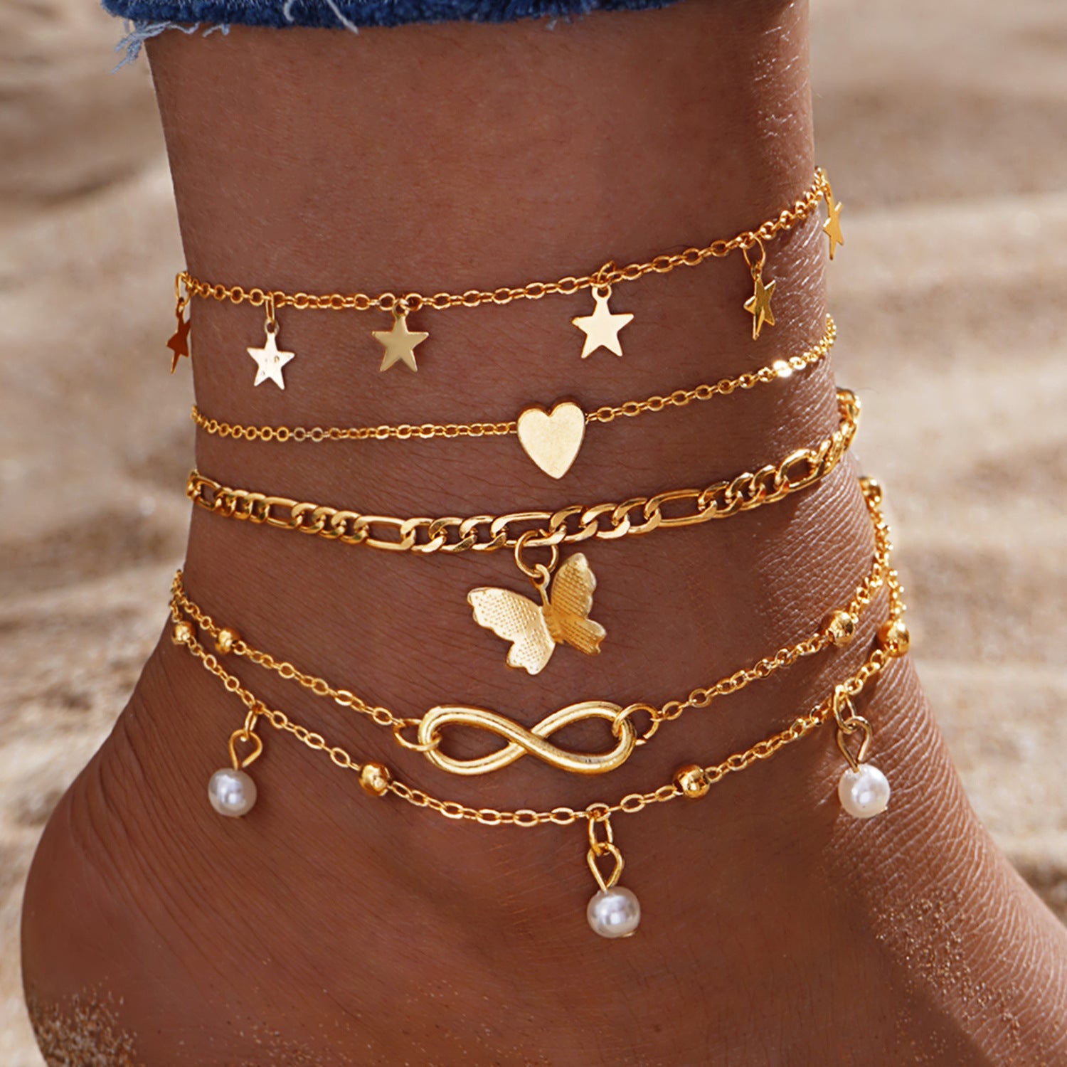 Wholesale Retro Beach Pineapple Pearl Layered Anklet Set For Women Fashion Jewelry Accessory Gift