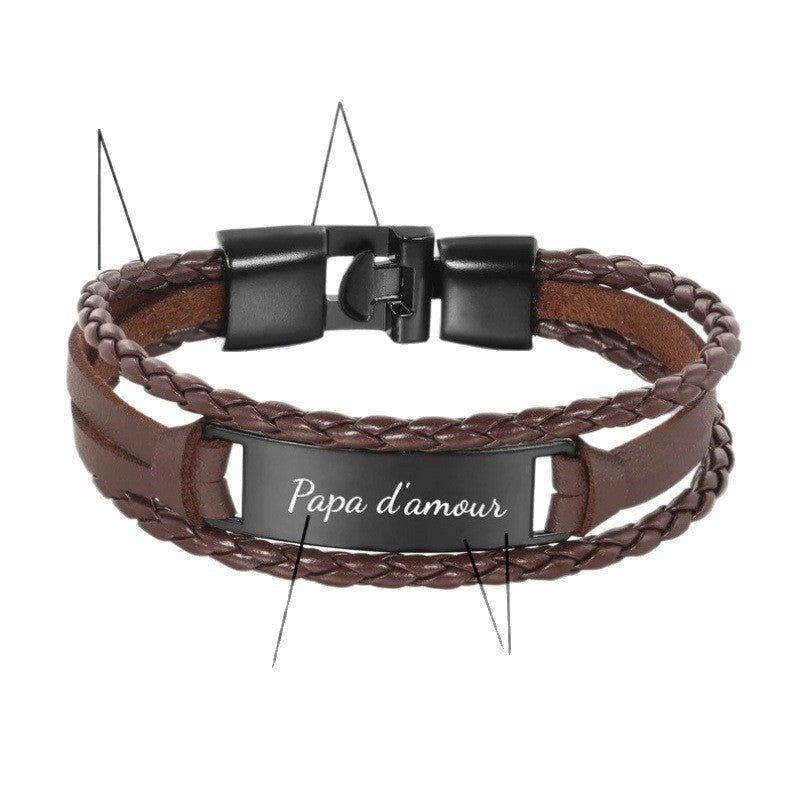 Wholesale Leather Steel Plate Bracelet,  Black Woven Steel Plate with Engraved Text,  Stainless Steel Tongue Clasp Leather Bracelet,  Three-Layer Leather Steel Plate Bracelet