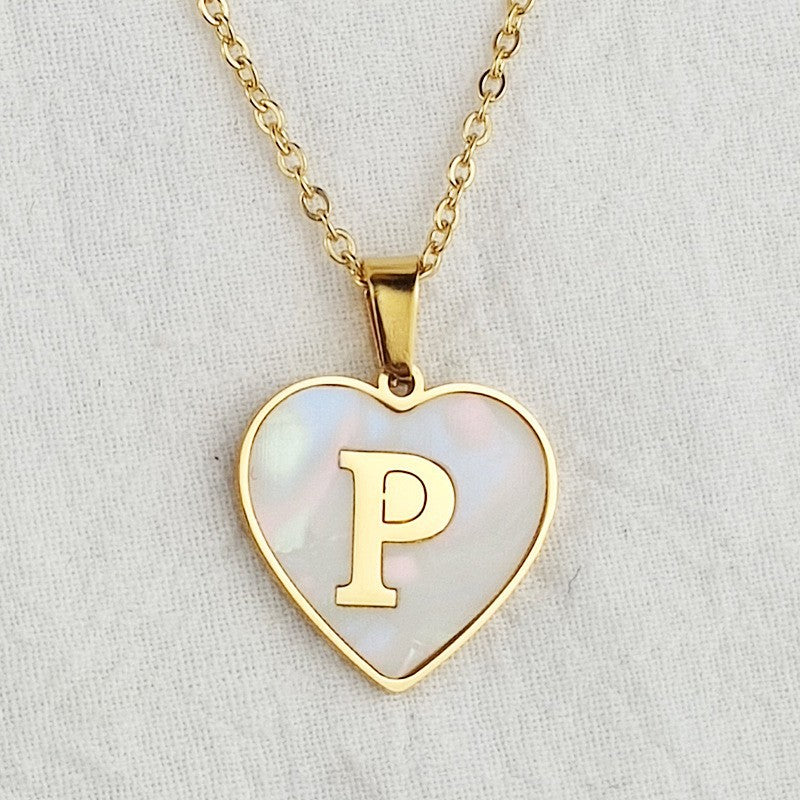 Wholesale 26 English Letters Heart Inlaid Shell Titanium Steel Necklace ACC-NE-DingChao002