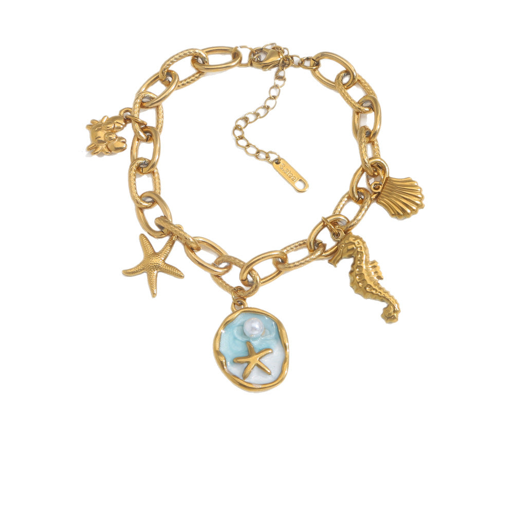 Wholesale Stainless Steel Vintage Ocean Themed Charm Bracelet with Starfish and Pearl - Fashion Accessory