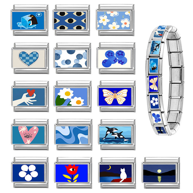 Wholesale Hearts and Love Italian Charms Blue series DIY square Single Section Creative Stainless Steel Composable Bracelet
