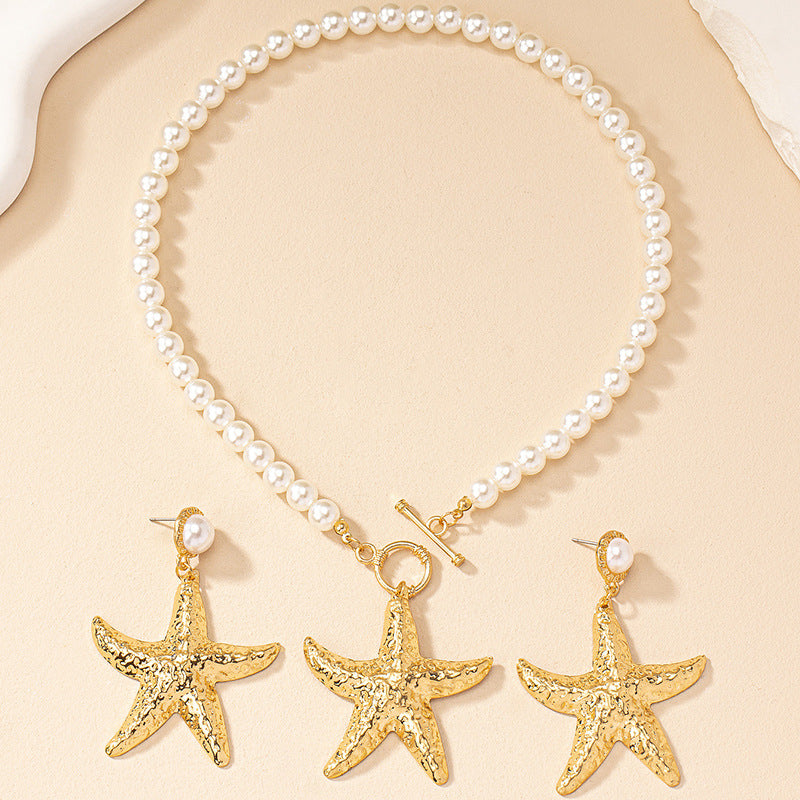 Wholesale Alloy Electroplated Sea Star Earring And Necklace Set Pearl Chain Beach Style For Women