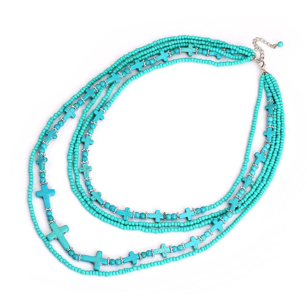 Wholesale  Retro Turquoise Rice Beads Multi-Layer Cross Necklace