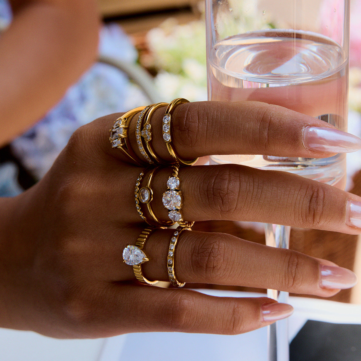 Wholesale 18K Gold Stainless Steel Round White Zircon Double-Layer Cut Out Ring