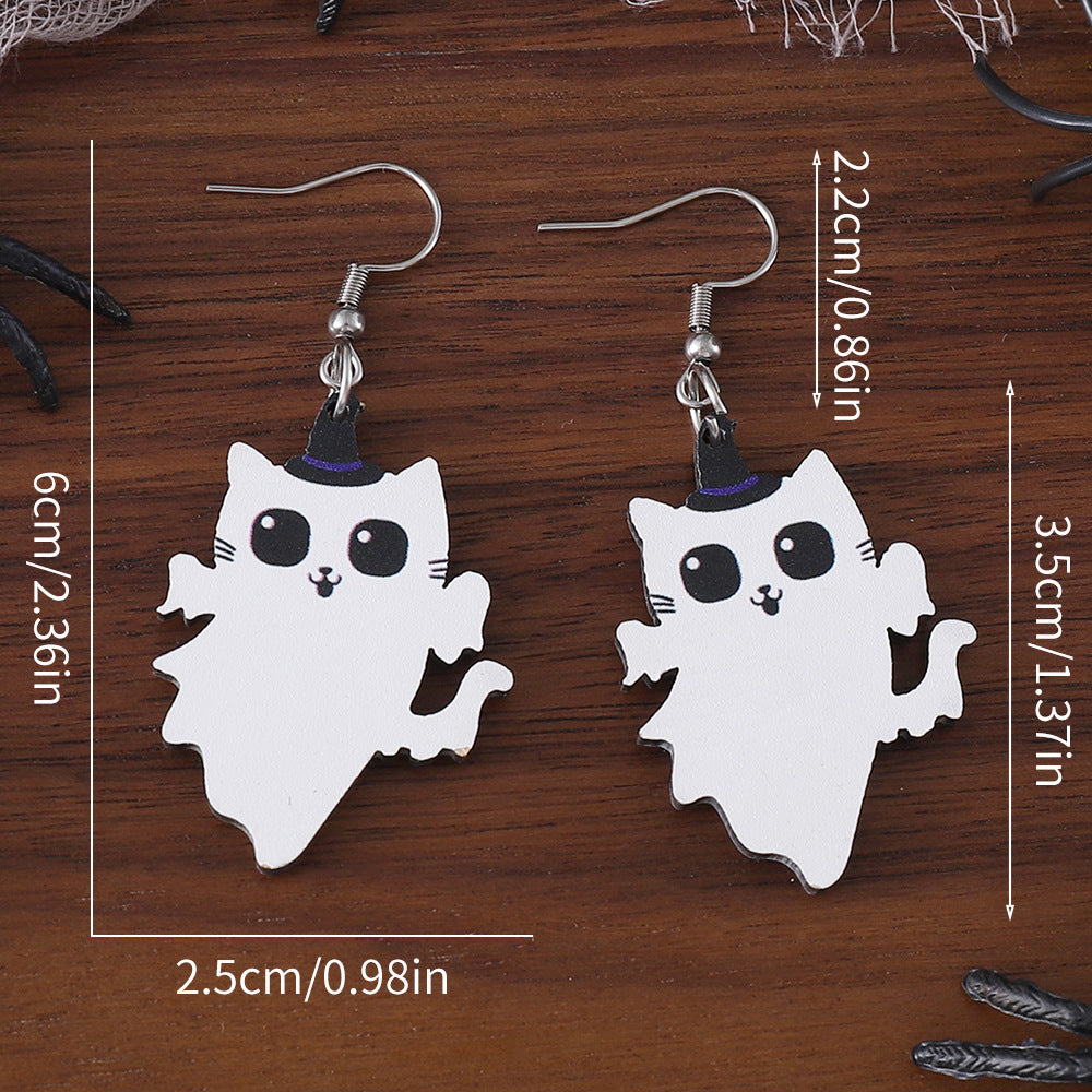 Wholesale Halloween Angel Kitten Black Cat Pendant Wood Earrings ACC-ES-ChuLian027
