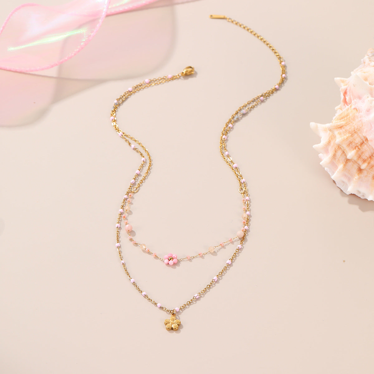 Wholesale Beaded Flower Stacked Stainless Steel Necklace