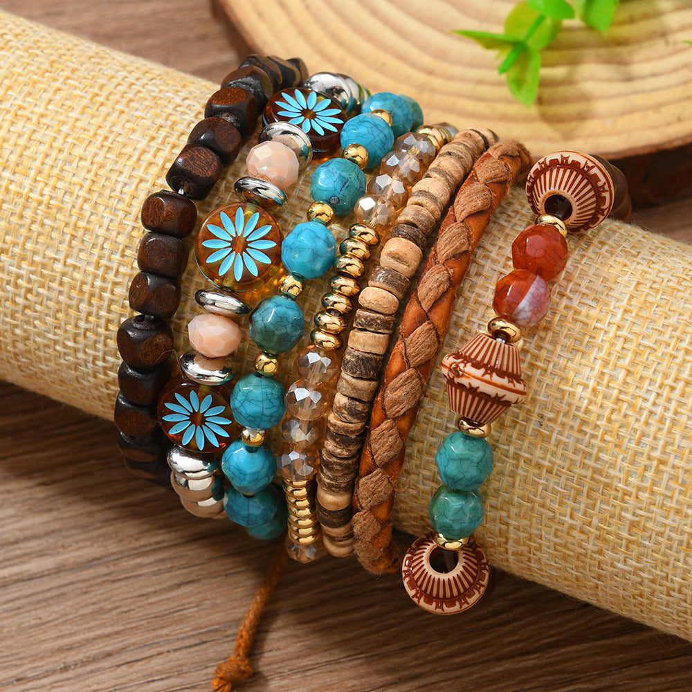 Wholesale Bohemian Multi-Layer Braided Bracelet Vintage Turquoise Tassel Beads Trendy Jewelry Accessory for Women