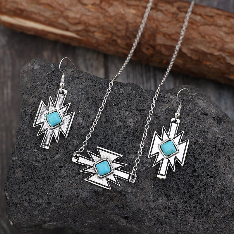 Wholesale Ethnic Style Rhombus Turquoise Inlay Jewelry Set Earrings and Pendant Necklace for Gift Fashion Accessory