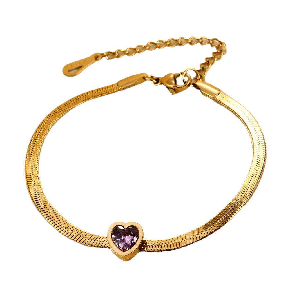 Wholesale  All-Match 14K Gold Titanium Steel Single Diamond Green White Pink Love Zircon Snake Chain Bracelet