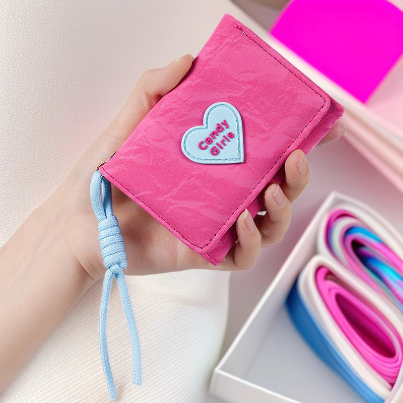 Wholesale PU Women' s Tri-Fold Wallet,  Korean Style Cute Heart Pattern,  Short Lanyard Purse,  Everyday Fashion Accessory