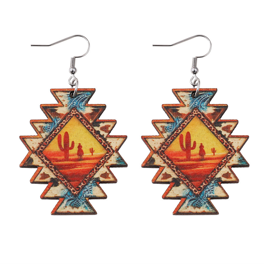 Wholesale Cross Turquoise Bull Head Leopard Cactus Wood Earrings