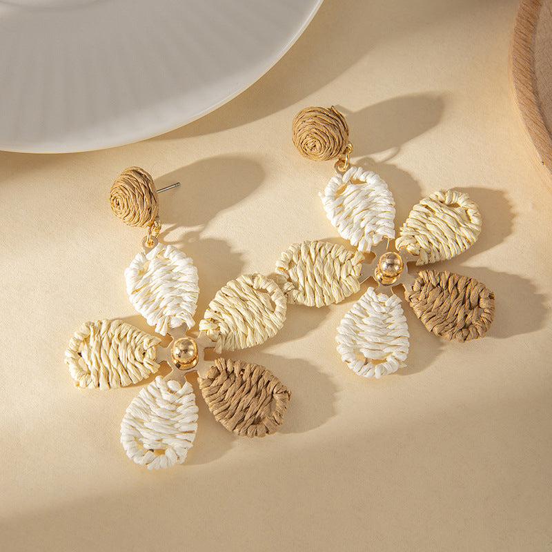 Wholesale Summer Vacation Colorful Woven Raffia Flower Earrings Women S Fashion Accessory Boutique Resale Gift