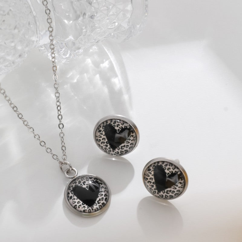Wholesale Valentine's Day Round Leopard Print Love Earrings Necklace Set