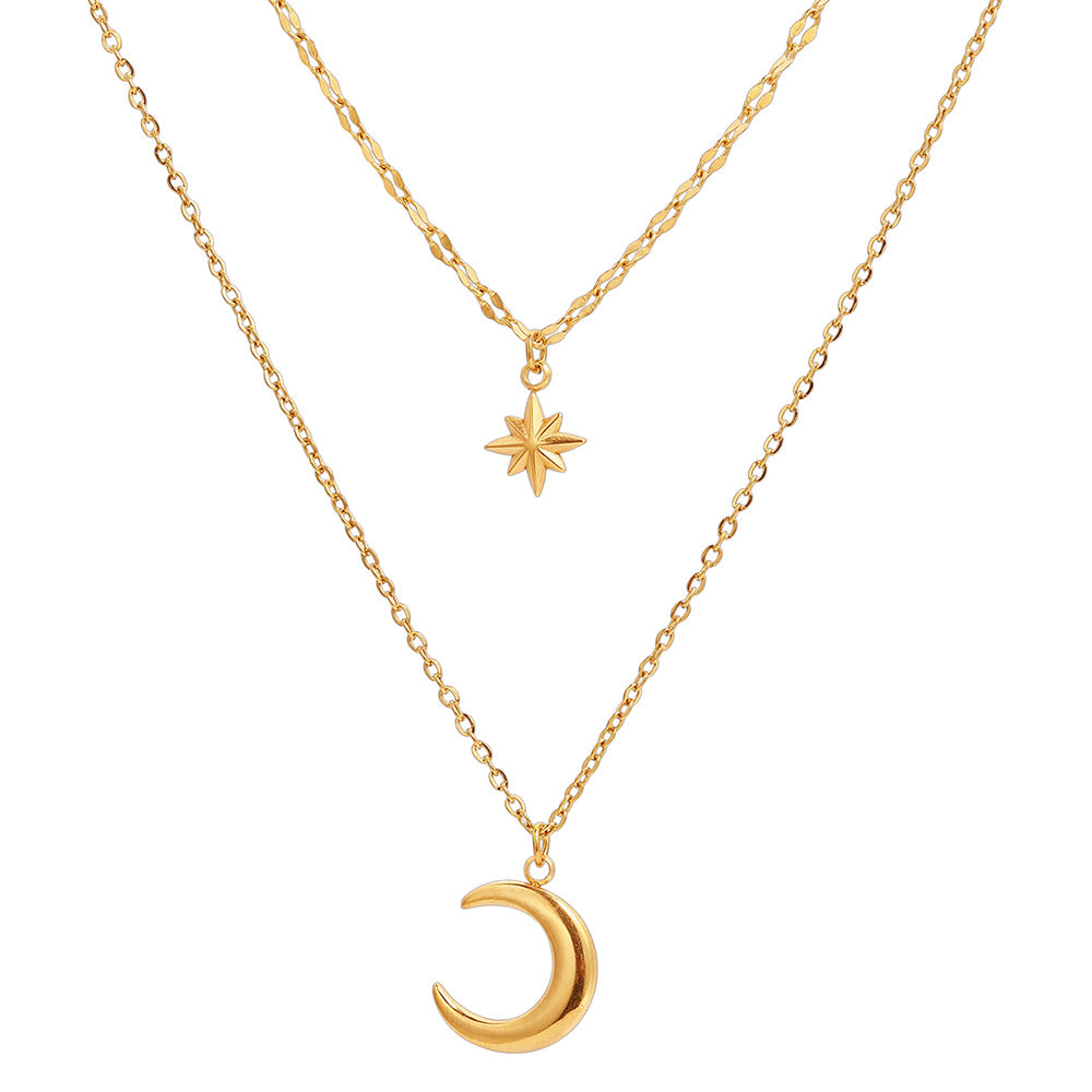 Wholesale Stainless Steel Moon And Eight Star Pendant Layered Women S Necklace Chic Collarbone Chain Everyday Jewelry Accessory Gift