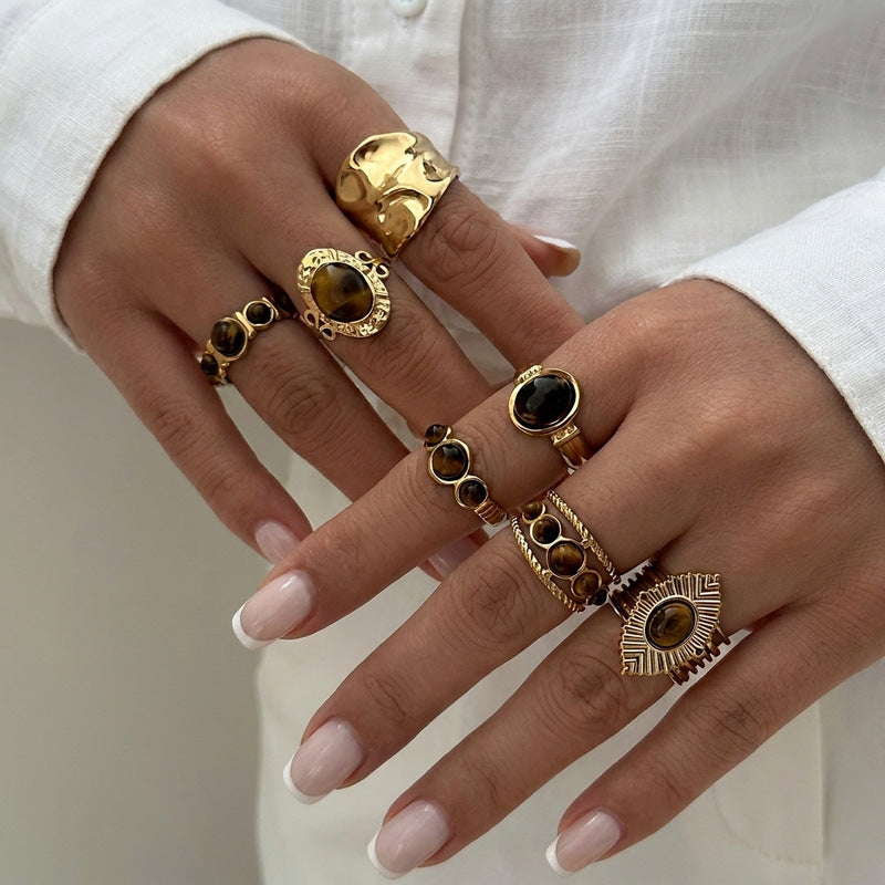 Wholesale Vintage Texture Tiger Eye Stainless Steel Multi-Layer Stacked Ring Jewelry Accessory
