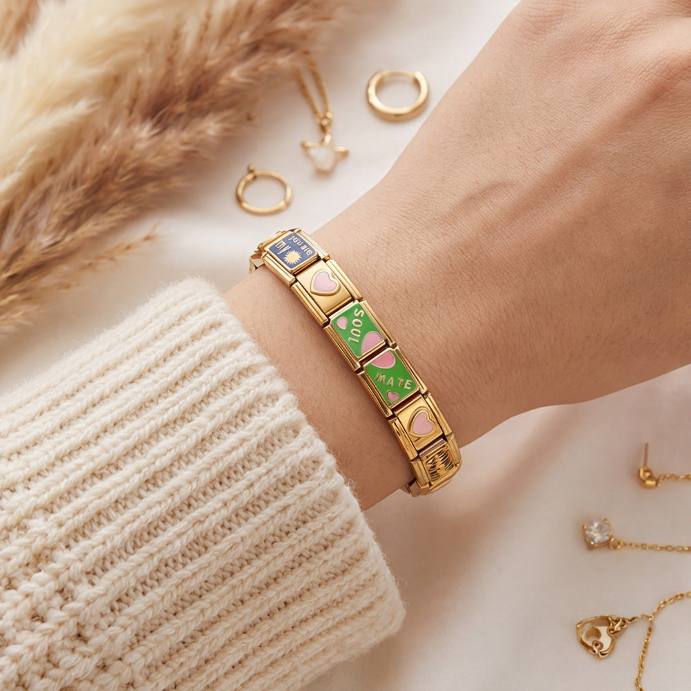 Wholesale Love Module Enamel Bracelet Set,  Gold-Plated Stainless Steel Chain