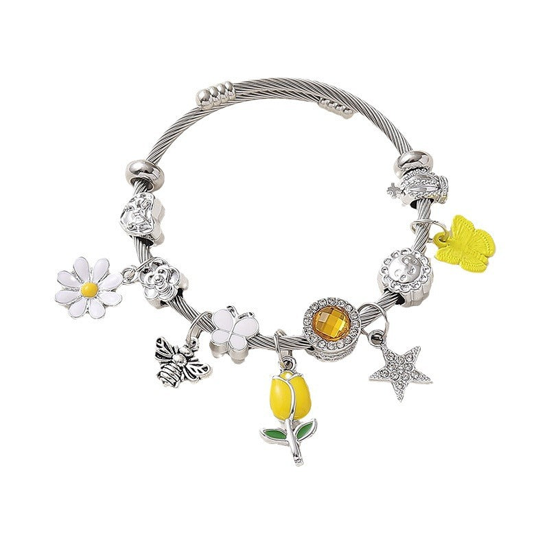 Wholesale  Sunflower Oil Painting Bee Butterfly  Stainless Steel Open Bracelet
