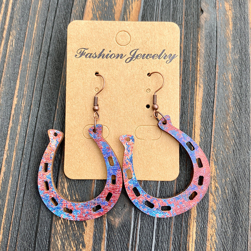 Wholesale Western Revival Rust Printed Wood Ear Rings ACC-ES-XinChuan008
