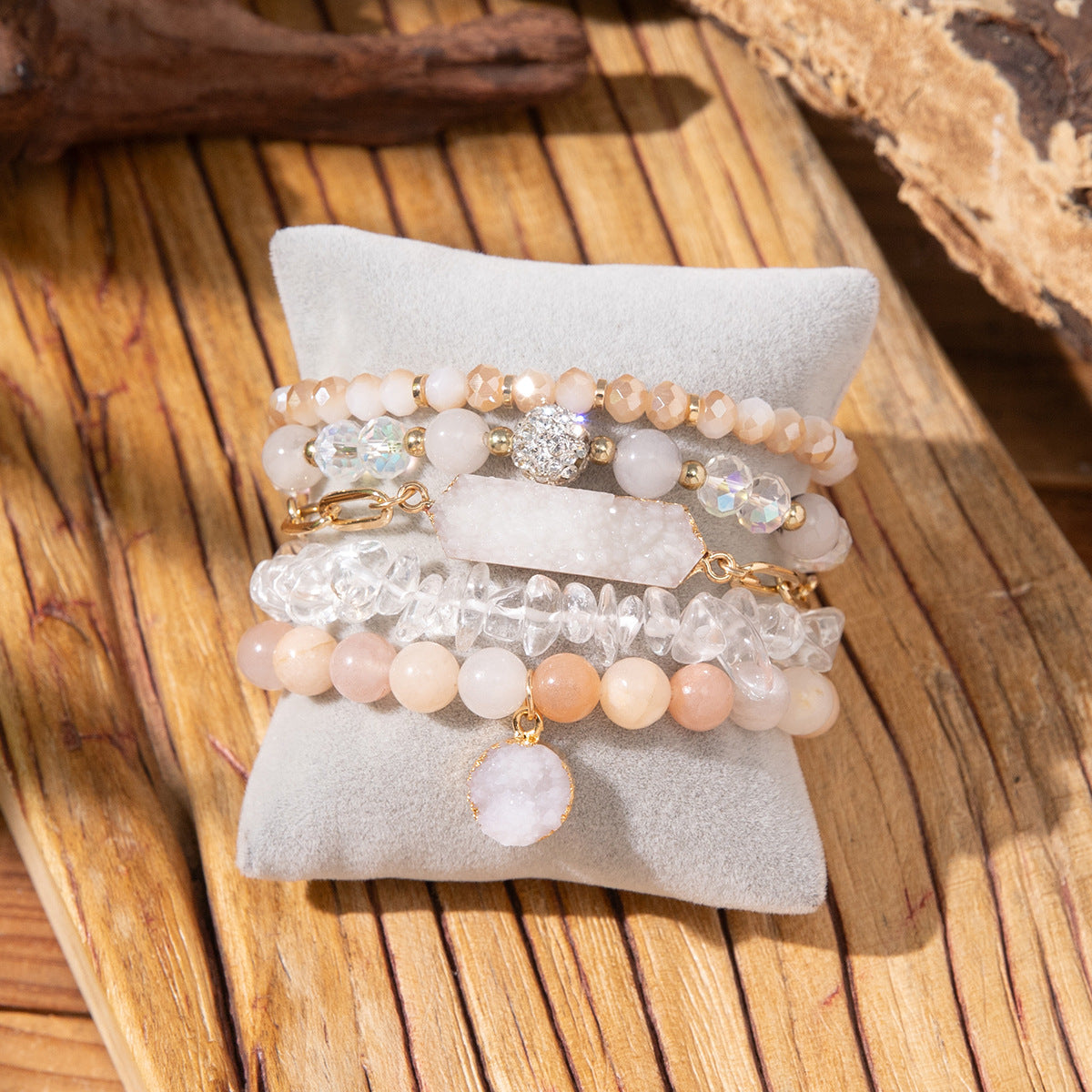 Wholesale 5pcs/set Crushed Rose Quartz Bohemian Beaded Bracelet Set