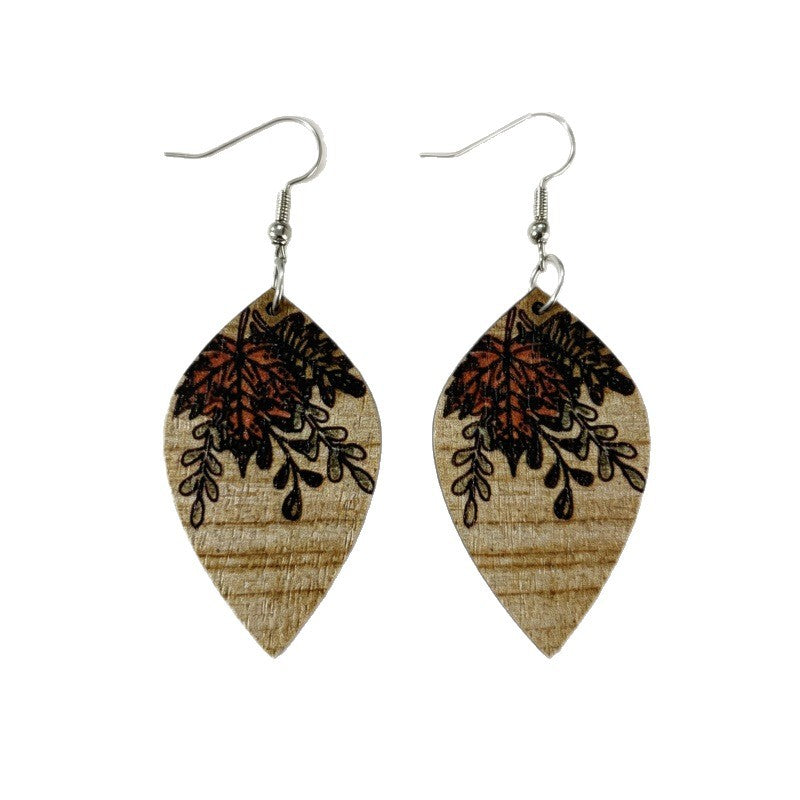 Wholesale Wooden Retro Ethnic Earrings With Printed Floral Geometric Pendant Fashion Accessory Boutique Resale Gift