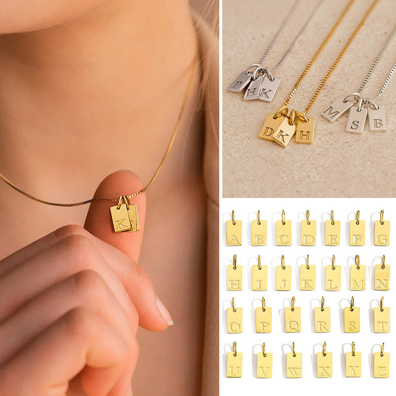 Wholesale Square brand 26 English letters stainless steel vacuum plated 14K 18K gold pendant