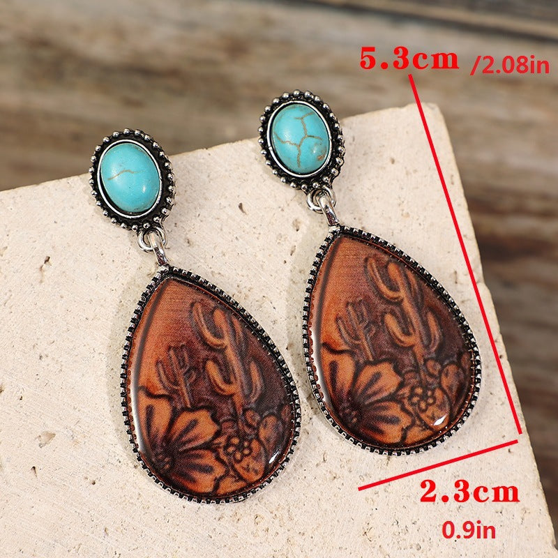 Wholesale  retro ethnic style drop-shaped brown turquoise alloy earrings