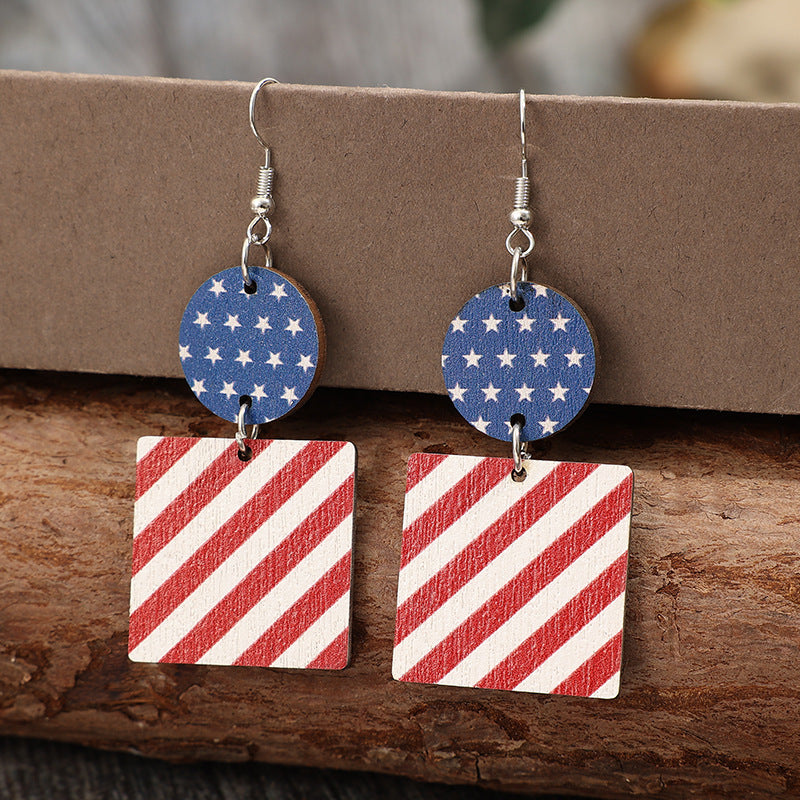 Wholesale Vintage Independence Day Geometric American Flag Wooden Creative Earrings