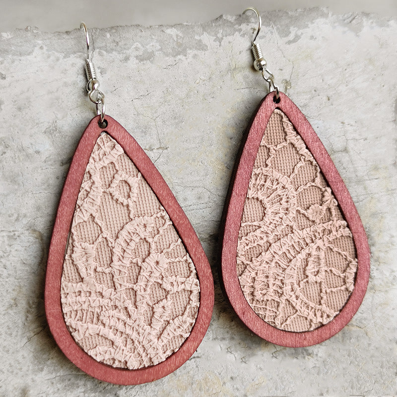 Wholesale 2 pairs/ pack Leather embossed teardrop wooden frame Bohemian earrings