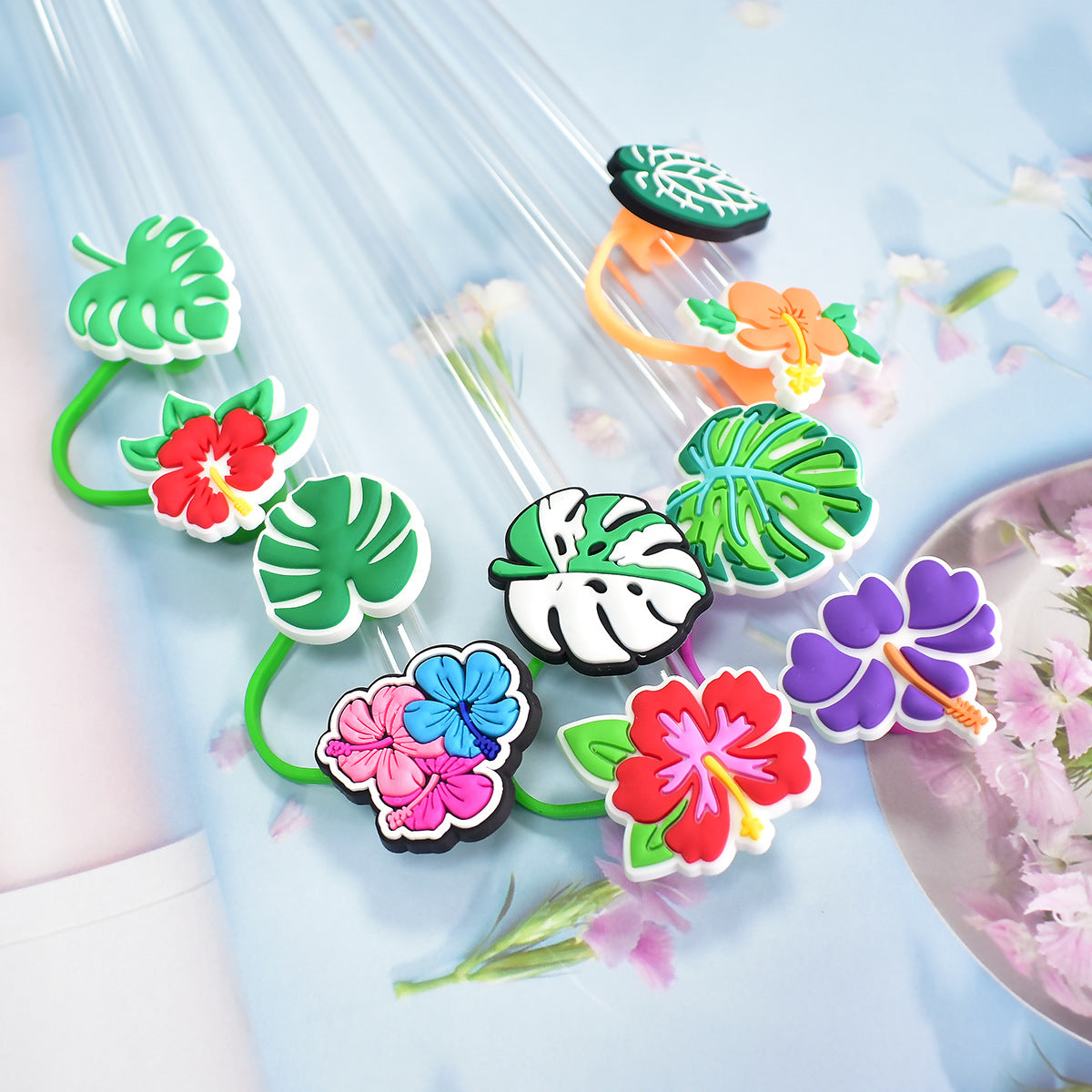 Wholesale Random 100pcs Tropical Plant Straw Tube Cap 10mm Soft Glue Straw Decoration Straw Cover ACC-SCR-RYY049