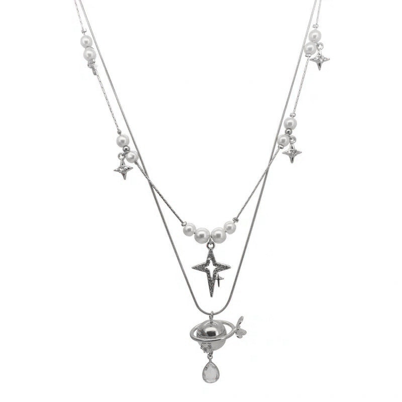 Wholesale Vintage Planet Pendant Double Layer Two Piece Necklace Set For Women Pearl Collarbone Chain Alloy Everyday Wear And Gift