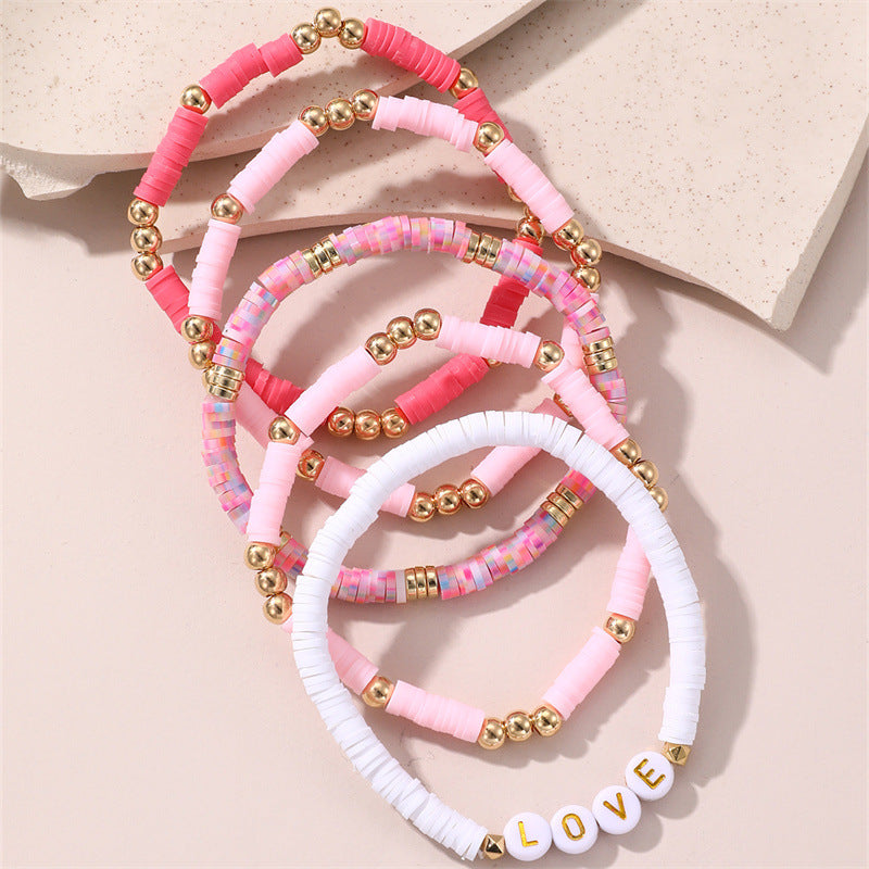 Wholesale Valentine's Day Pink soft pottery letters bracelet set