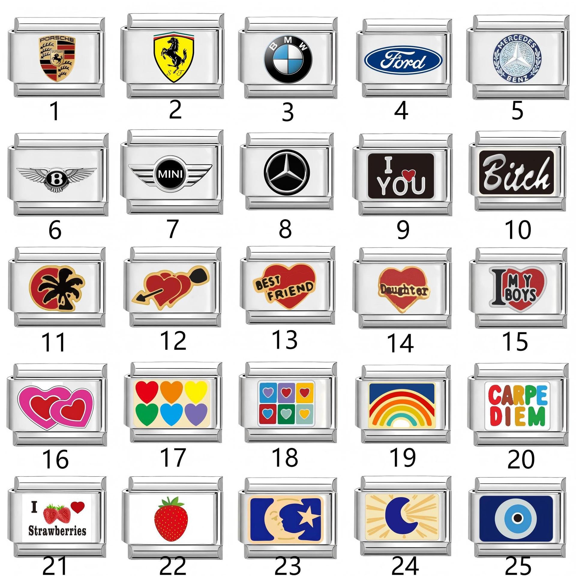 Wholesale 10pcs Italian Charm Bracelet 9mm DIY Splicing Car Logo Heart Moon Stainless Steel Composable Bracelet