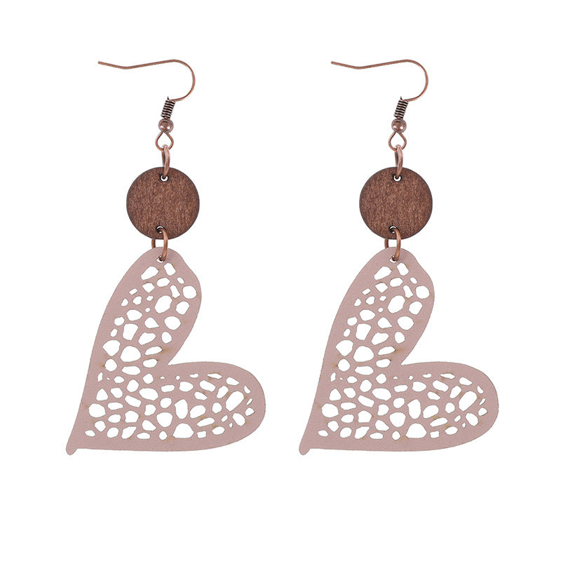 Wholesale Valentine's Day Love Wood Pieces Hollow Mesh Leather  Earrings