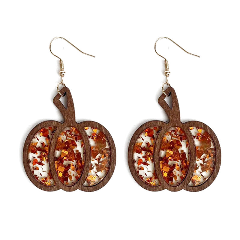 Wholesale Halloween Pumpkin Wood Inlay Acrylic Hollow Earrings ACC-ES-XinChuan053