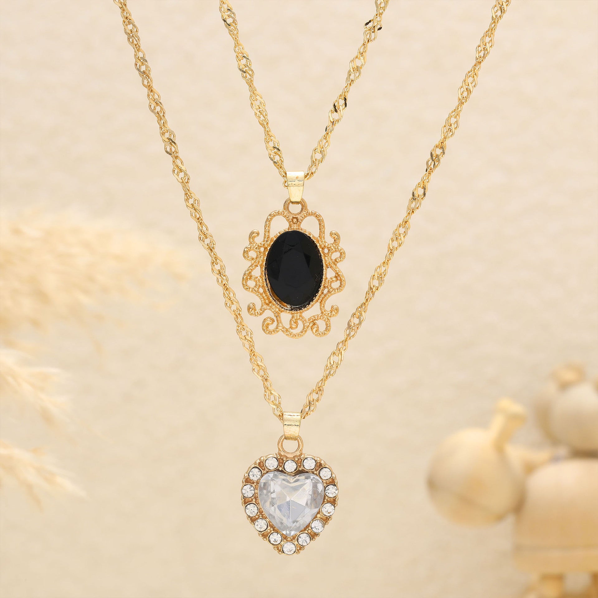 Wholesale Heart rhinestone double-layer necklace