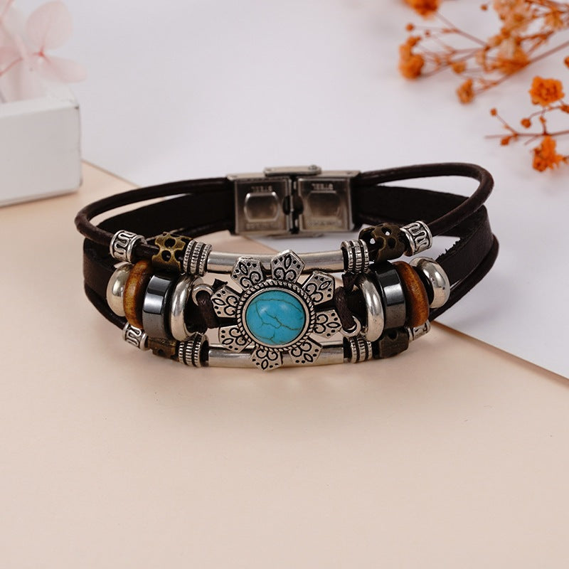 Wholesale Handwoven Leather Turquoise Bracelet Men Unisex Trendy Jewelry Accessory