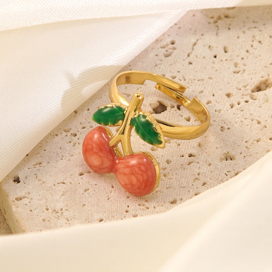 Wholesale cherry oil drop ring  fruit series stainless steel ring