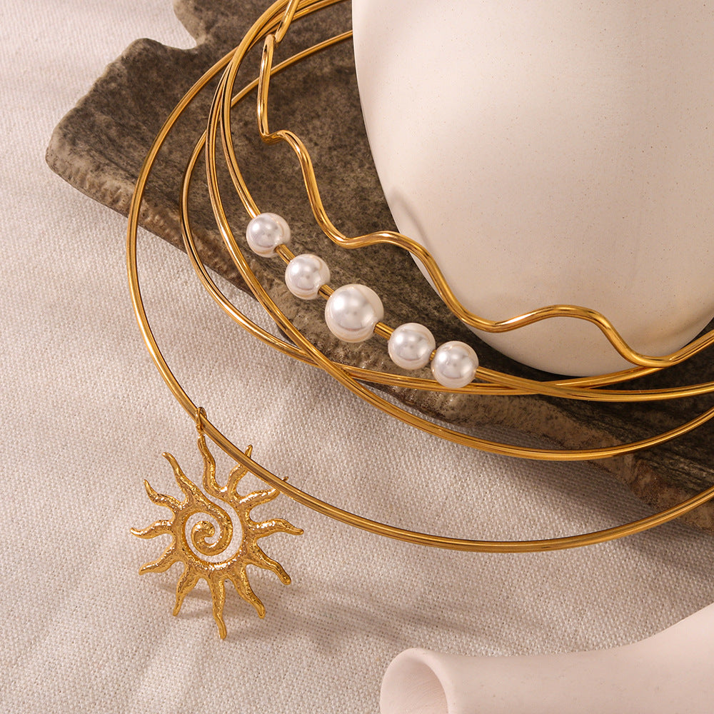 Wholesale  Stainless Steel Plated 18K Gold Collar Wavy Sunflower Bow Pearl Necklace